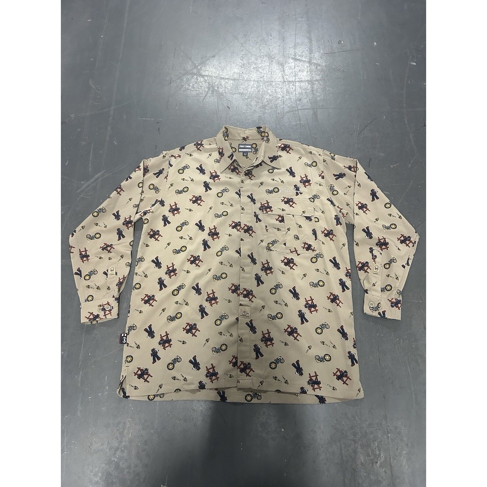 Phat Farm Denim Co. Men's Button Up Shirt Size Large Farmer AOP Tan Bull Tractor